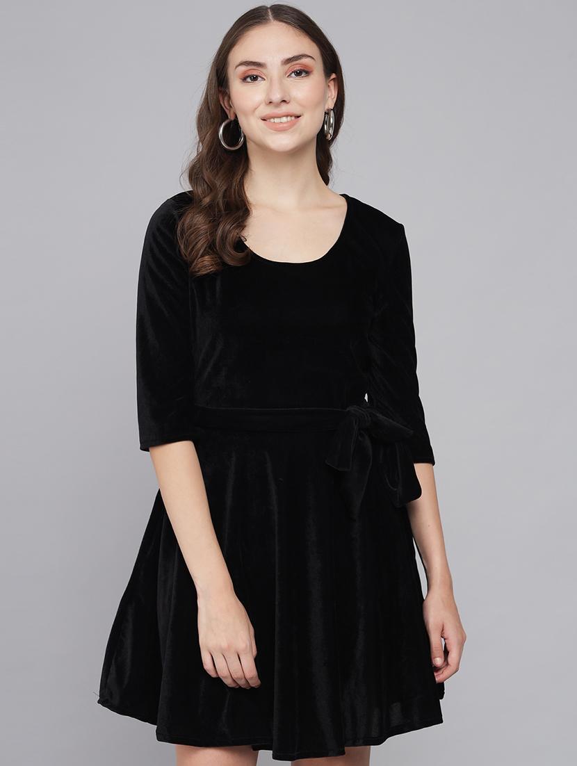 women solid three quarter sleeve fit & flare dress - 22031651 - Zoom Image - 0