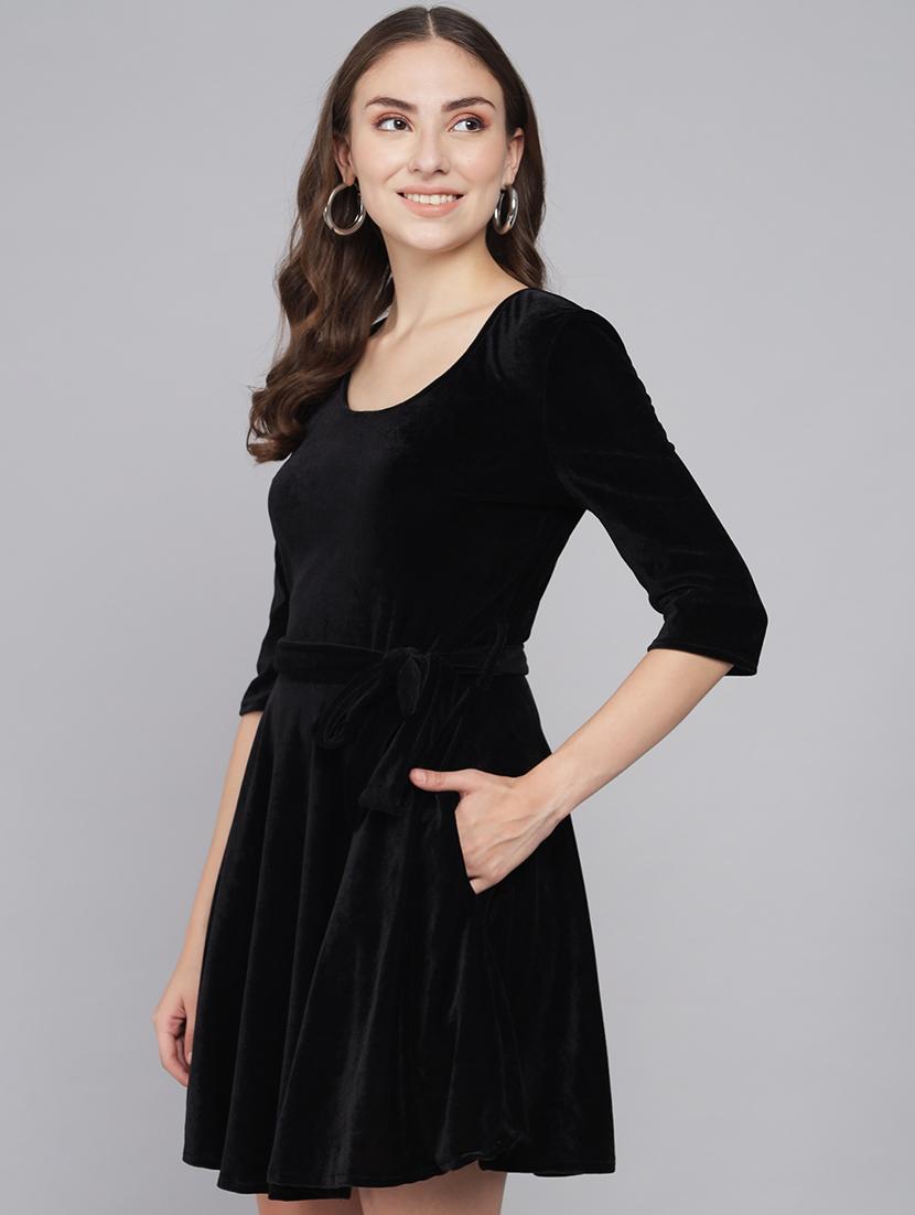 women solid three quarter sleeve fit & flare dress - 22031651 - Standard Image - 1