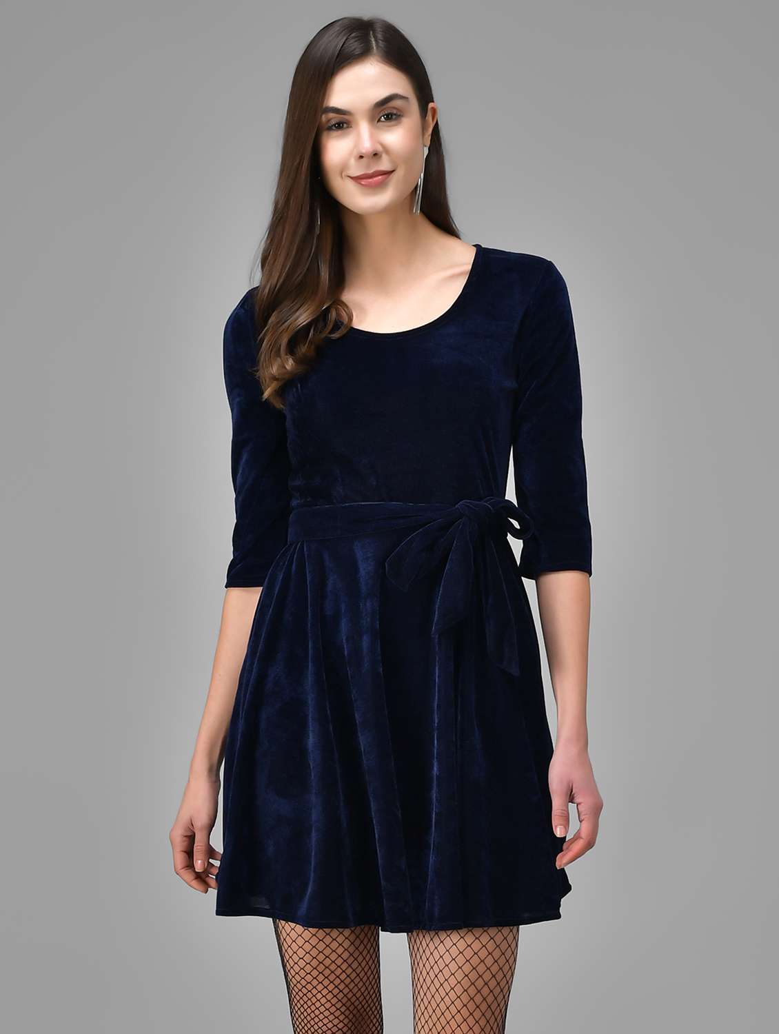 women solid three quarter sleeve fit & flare dress - 22031652 - Standard Image - 1