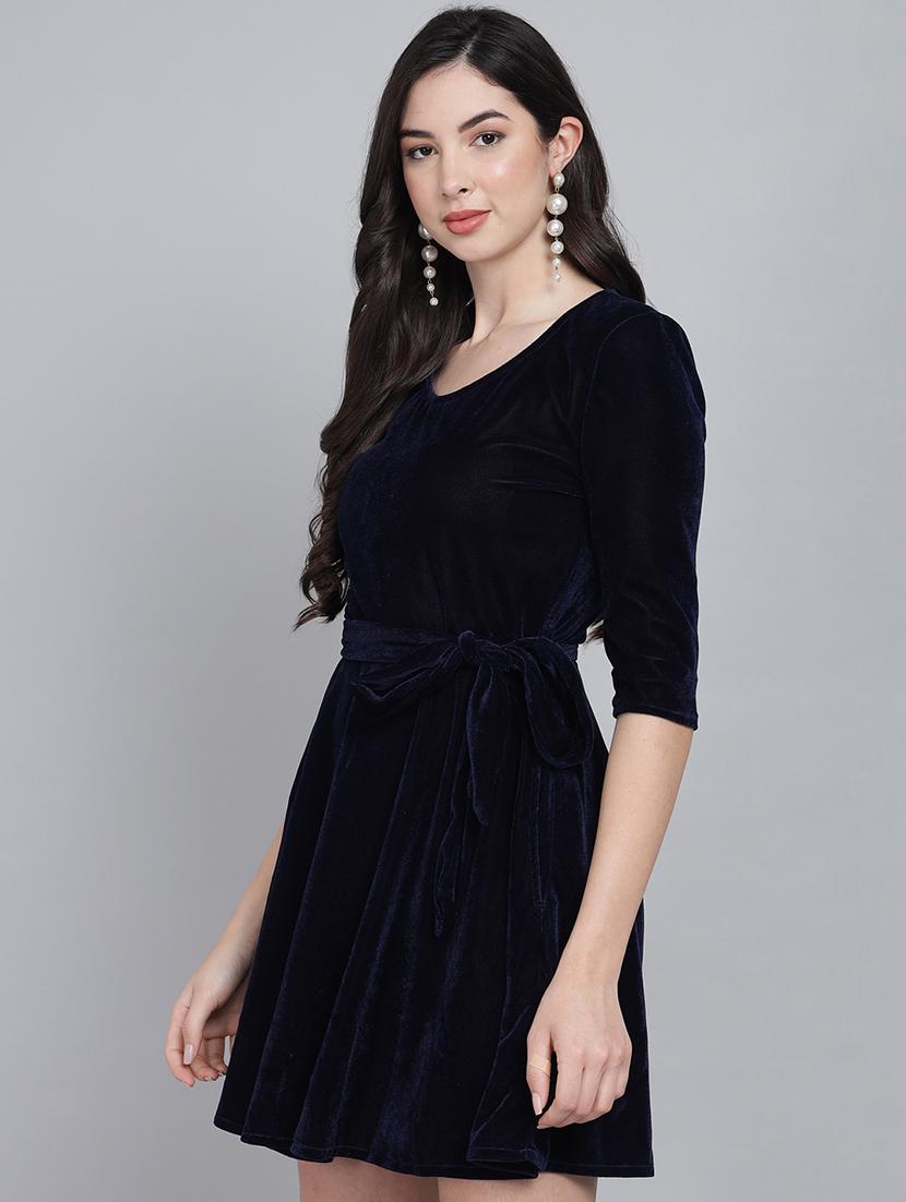 women solid three quarter sleeve fit & flare dress - 22031653 - Standard Image - 1