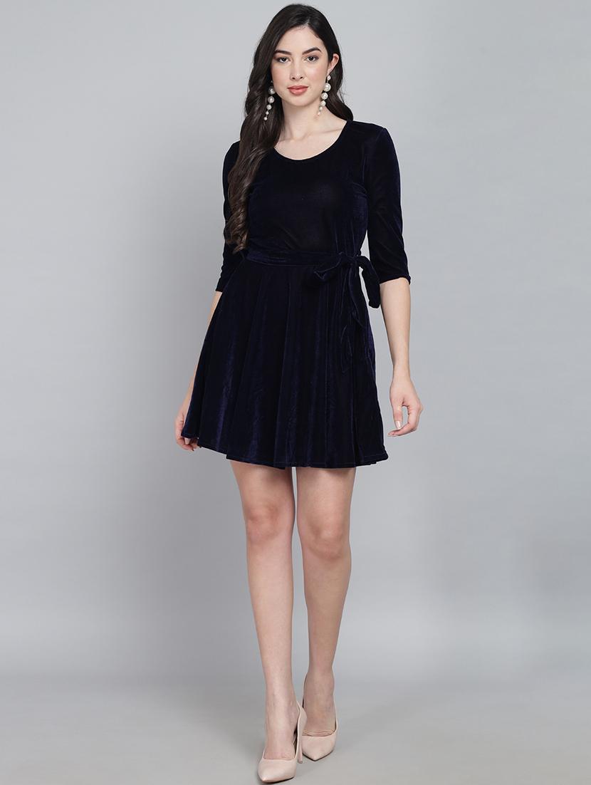women solid three quarter sleeve fit & flare dress - 22031653 - Standard Image - 4