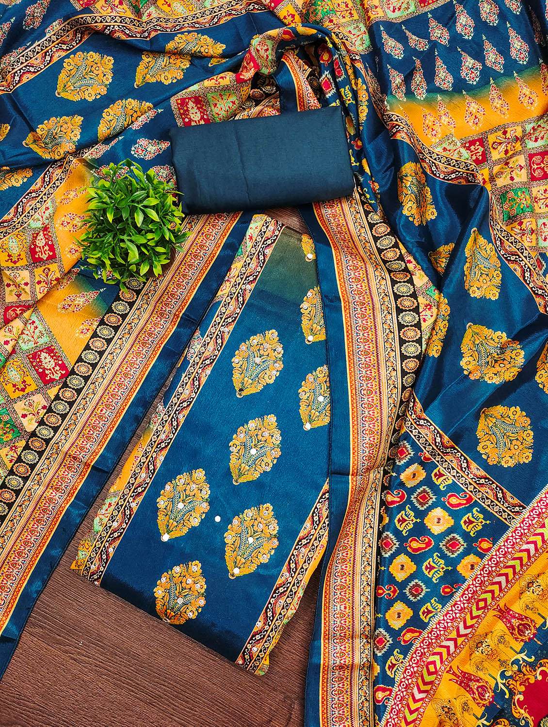 women printed sequined unstitched suit set