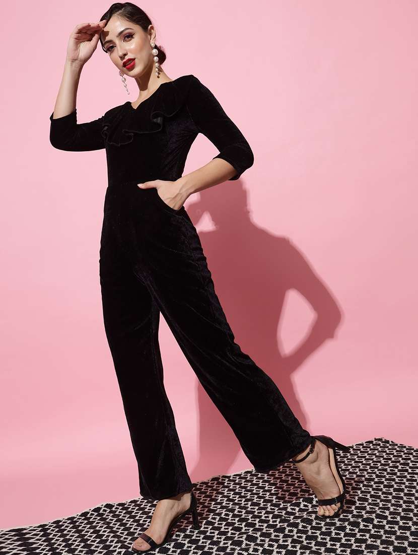 women solid three quarter sleeve velvet jumpsuit - 22031678 -  Standard Image - 1