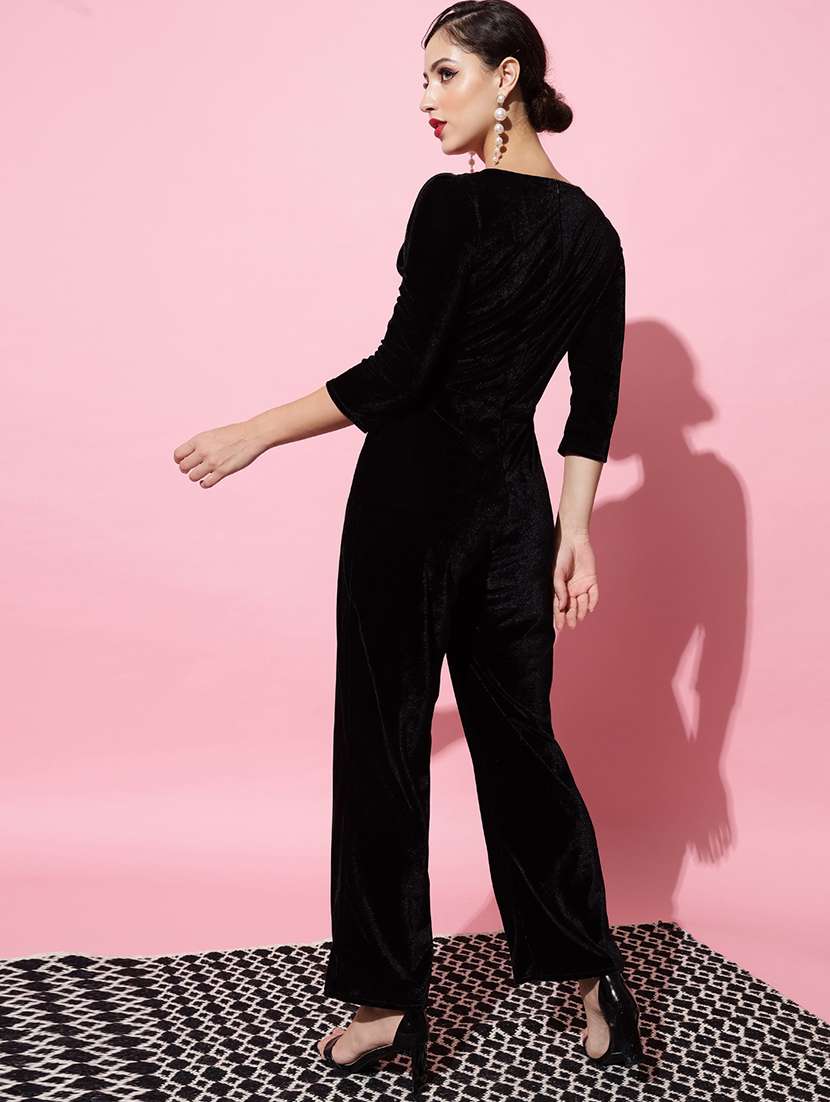 women solid three quarter sleeve velvet jumpsuit - 22031678 -  Standard Image - 4