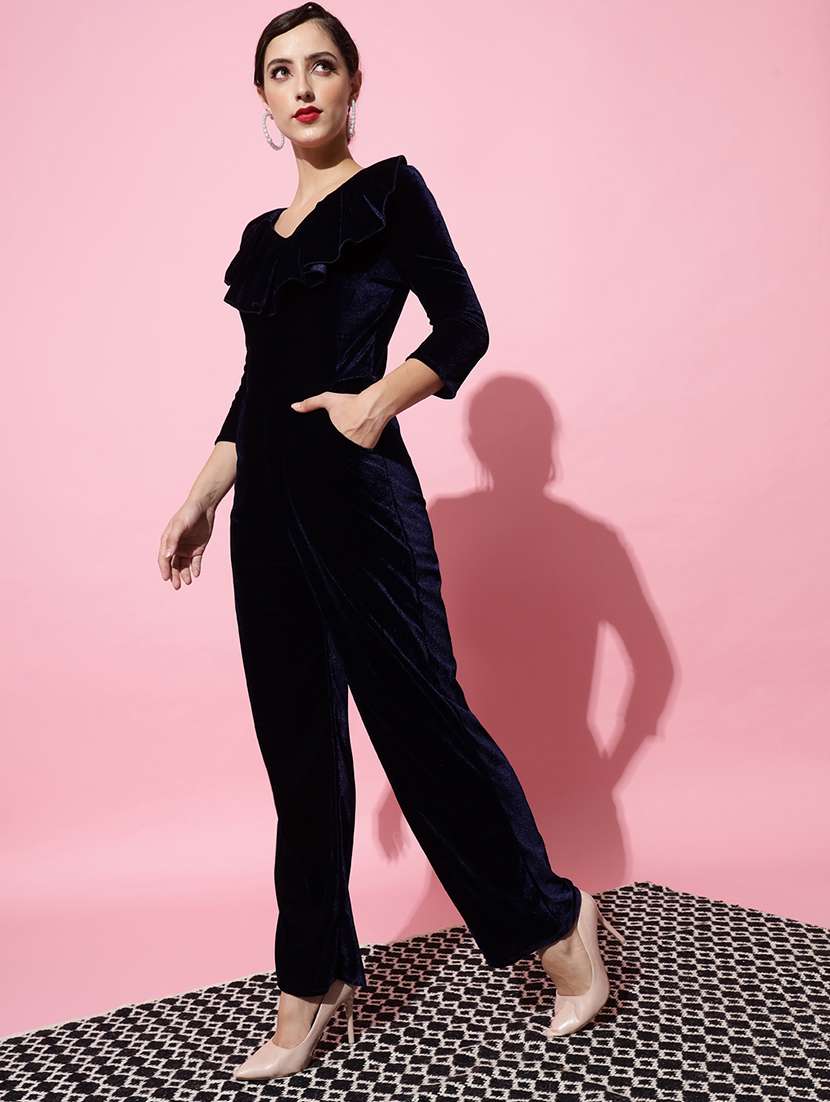women solid three quarter sleeve velvet jumpsuit - 22031679 -  Standard Image - 1