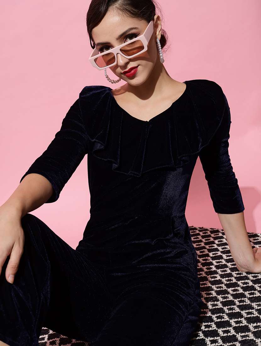 women solid three quarter sleeve velvet jumpsuit - 22031679 -  Standard Image - 4