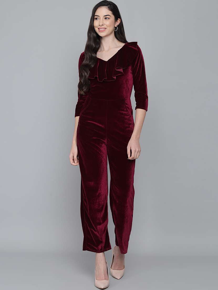 women solid three quarter sleeve velvet jumpsuit - 22031680 -  Standard Image - 1