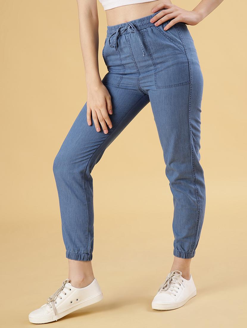 women solid mid rise denim jogger - 22031682 - Standard Image - 1
