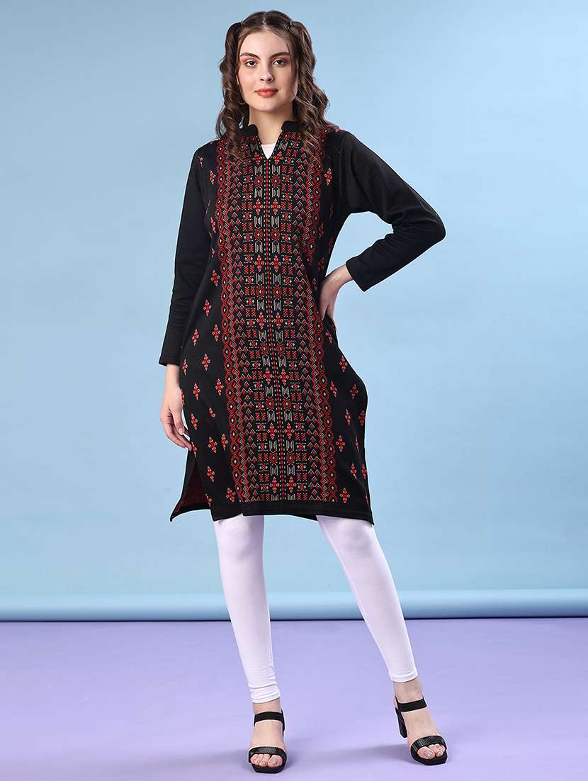 women self design long sleeve straight woolen kurta - 22031920 -  Standard Image - 1