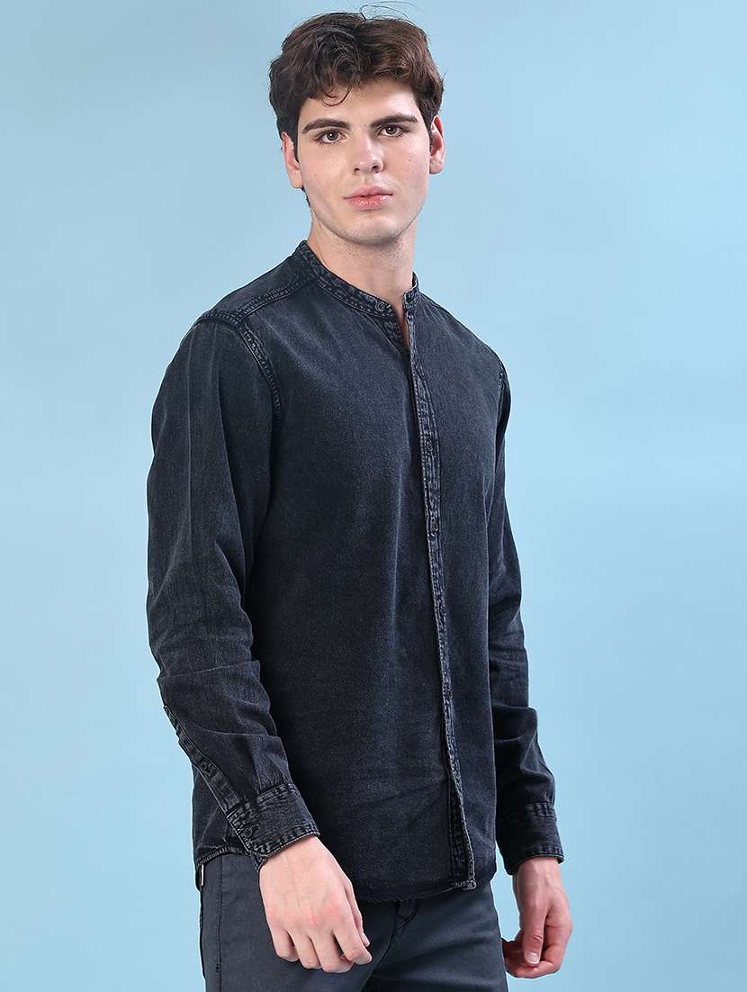 men solid mandain collar long sleeve denim shirt - 22031941 -  Standard Image - 1
