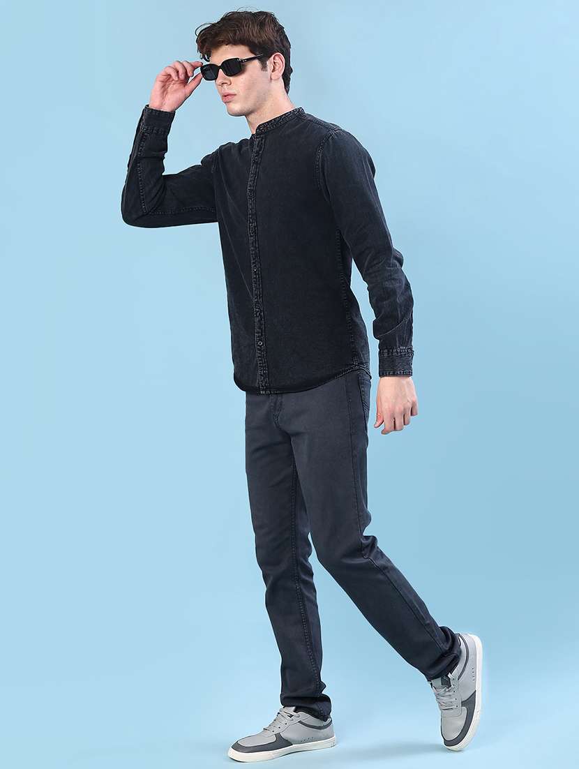 men solid mandain collar long sleeve denim shirt - 22031941 -  Standard Image - 4