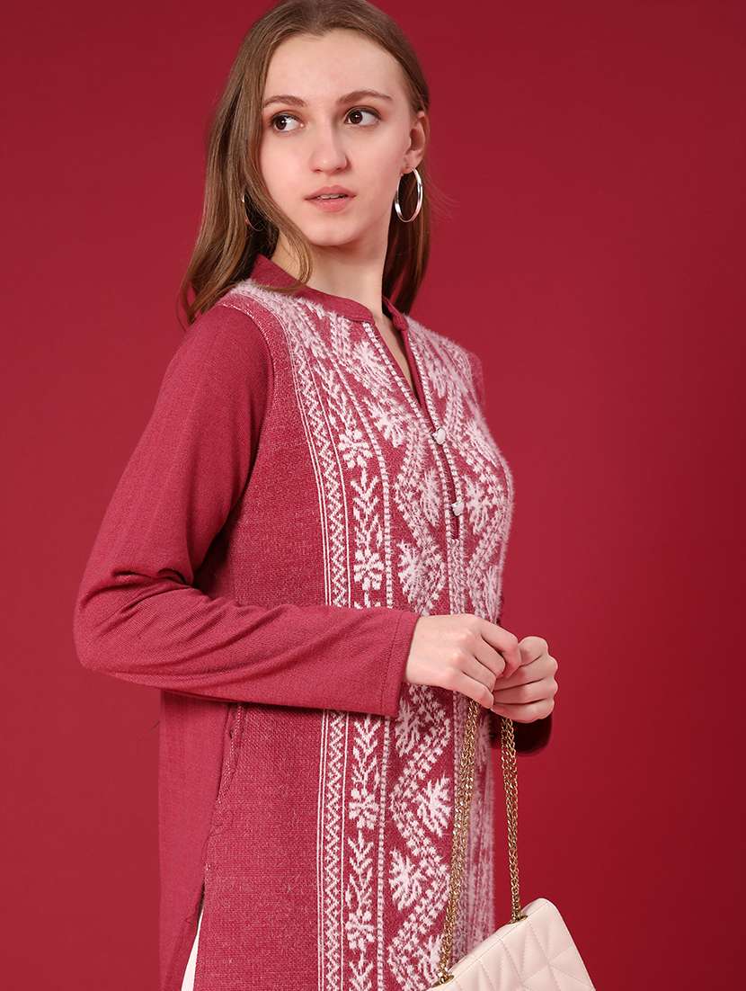 women self design long sleeve woolen kurta - 22031958 -  Standard Image - 4
