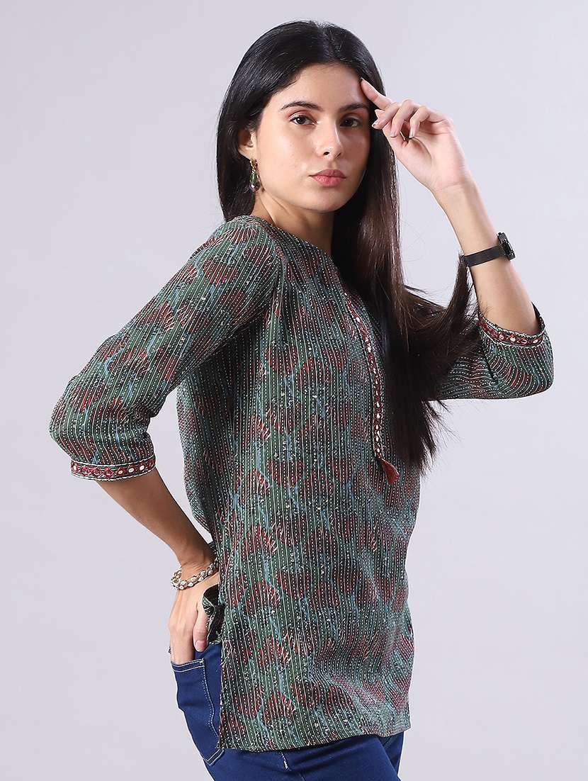 women floral printed three quarter sleeve straight kurti