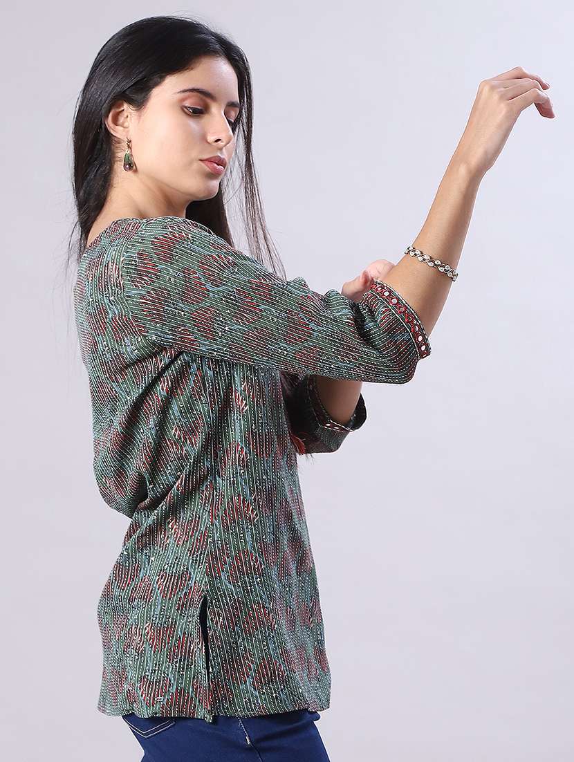 women floral printed three quarter sleeve straight kurti - 22031989 -  Standard Image - 1