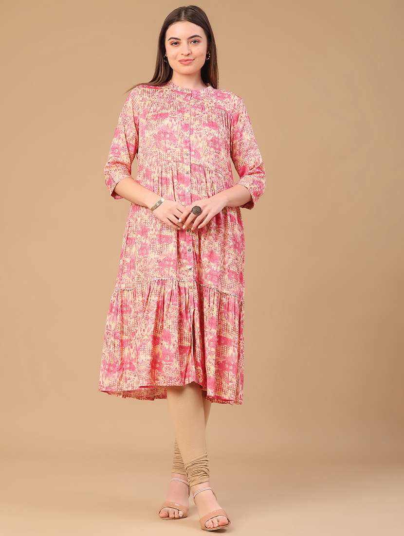 women printed three quarter sleeve tiered kurta - 22032002 -  Standard Image - 1