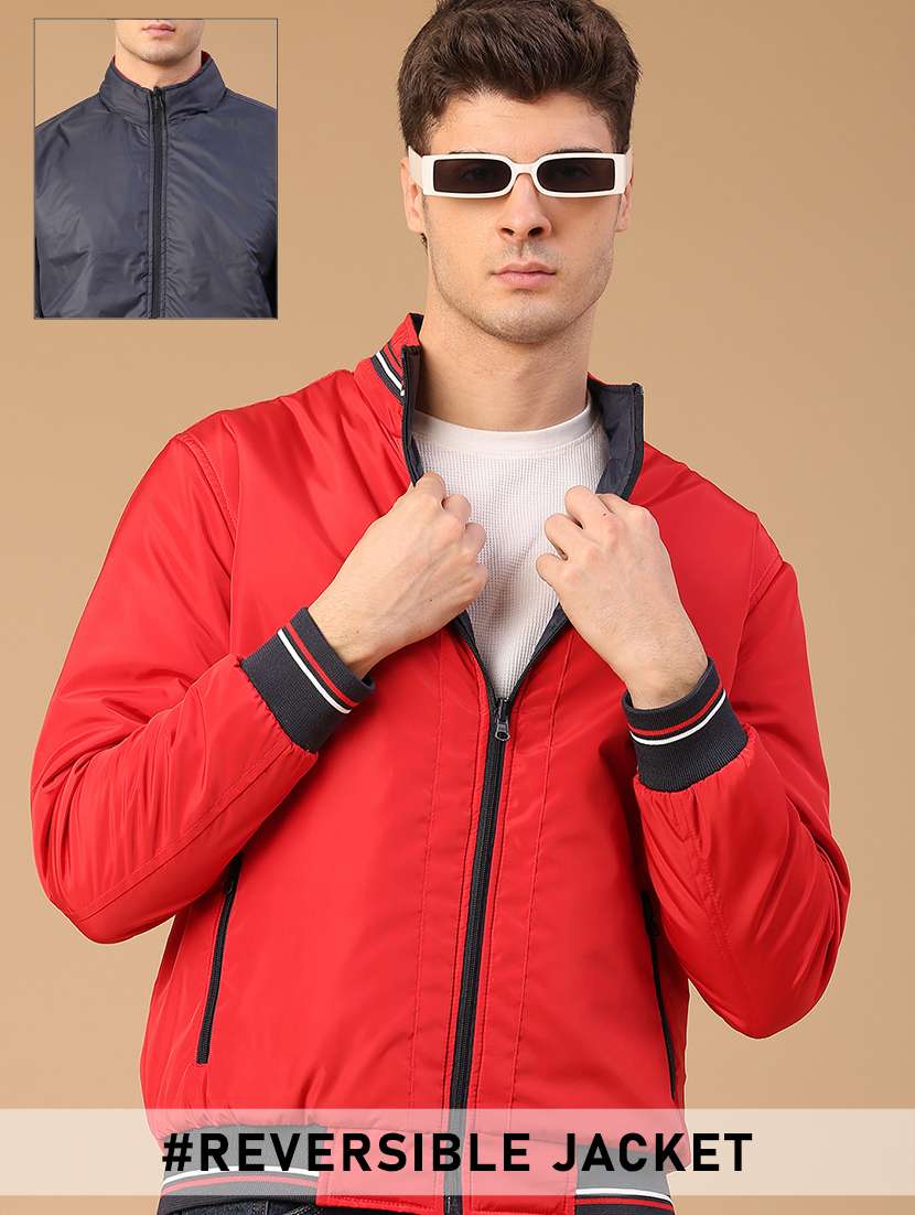 men solid long sleeve reversible bomber jacket