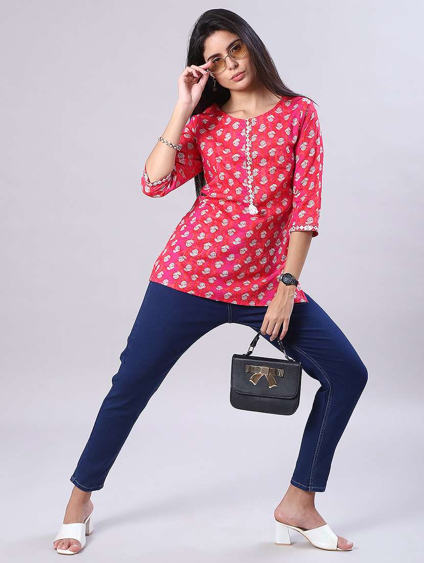 women floral printed three quarter sleeve straight kurti - 22032008 -  Standard Image - 4