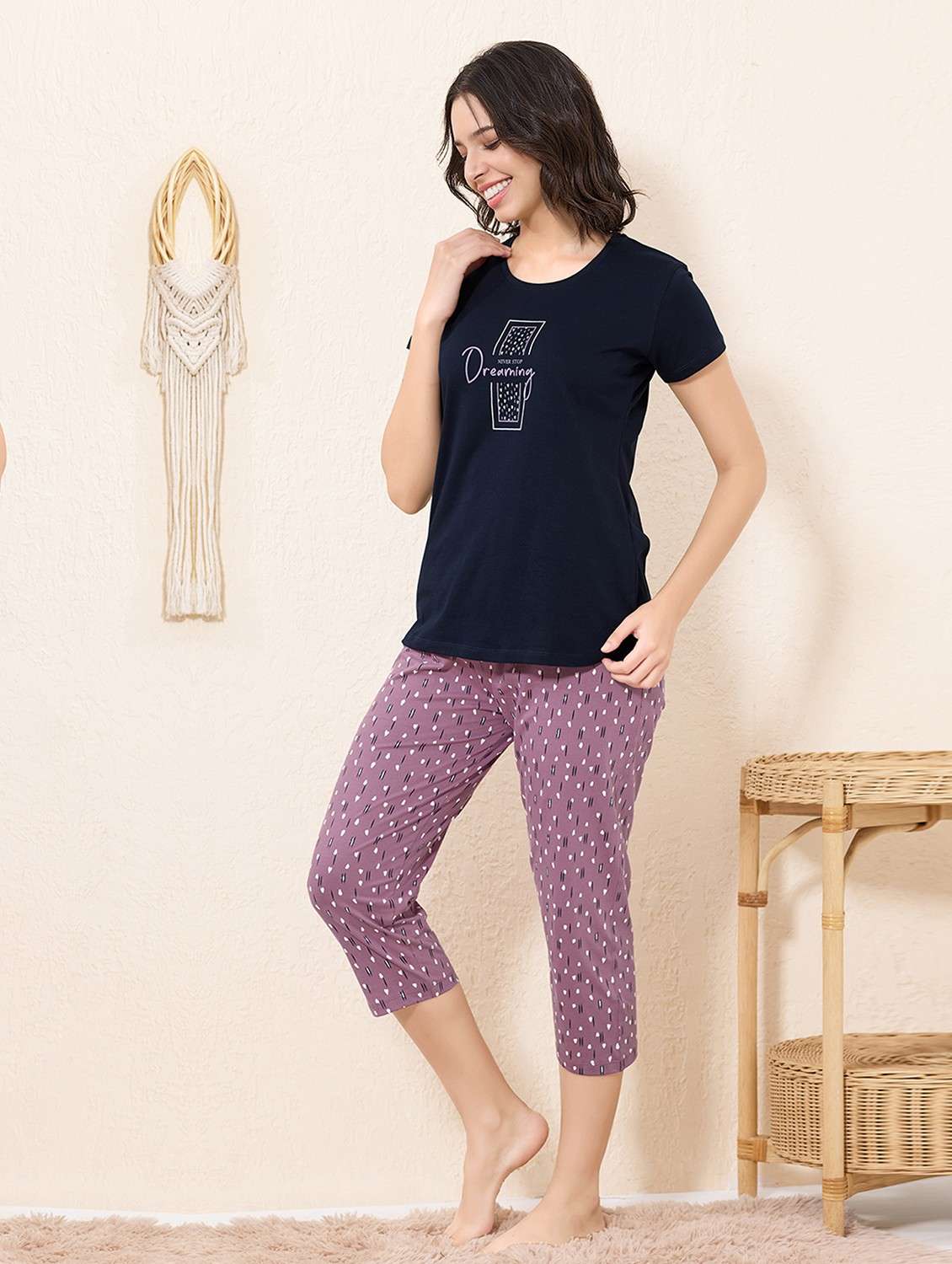 women printed nightwear capri set - 22032206 -  Standard Image - 1