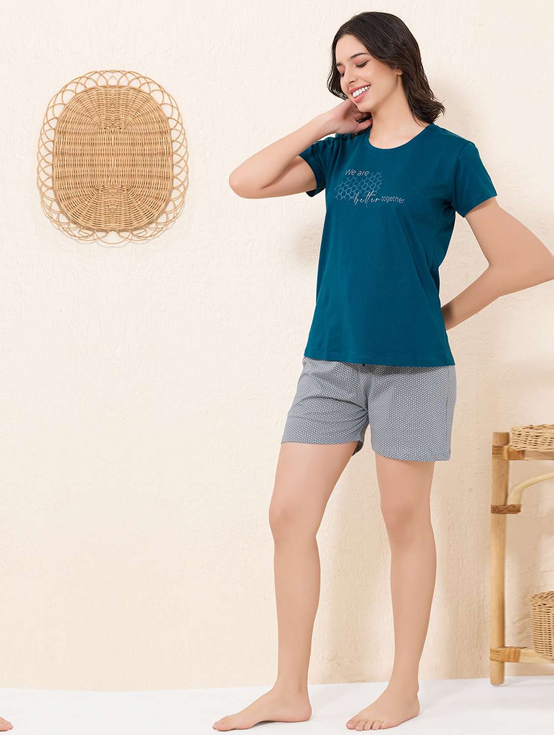 women printed nightwear shorts set - 22032213 -  Standard Image - 1