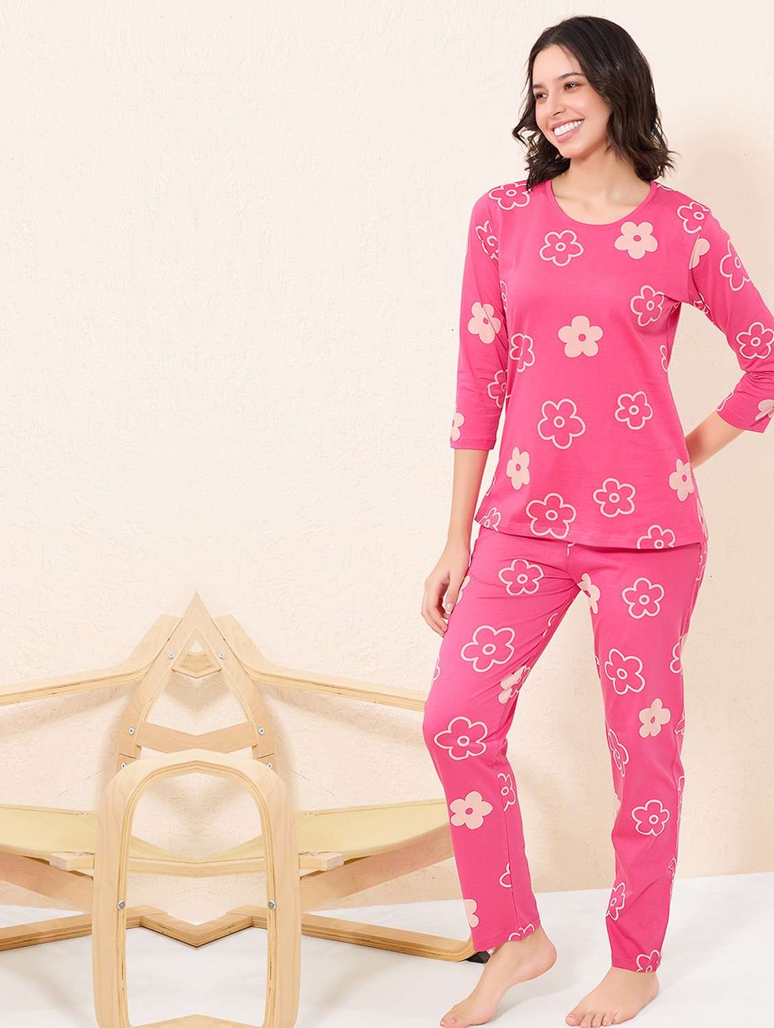 pink cotton blend pyjama set nightwear - 22032217 -  Standard Image - 1