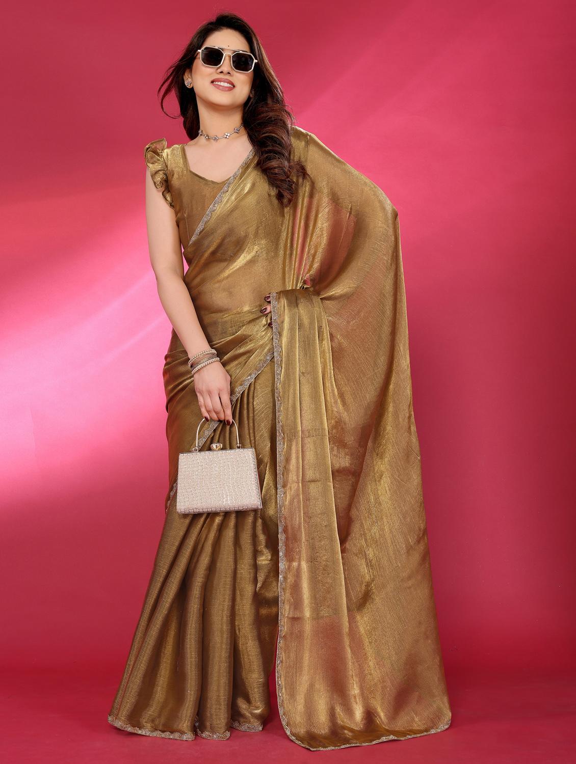 women solid with bordered embellished saree with blouse - 22032250 - Standard Image - 1
