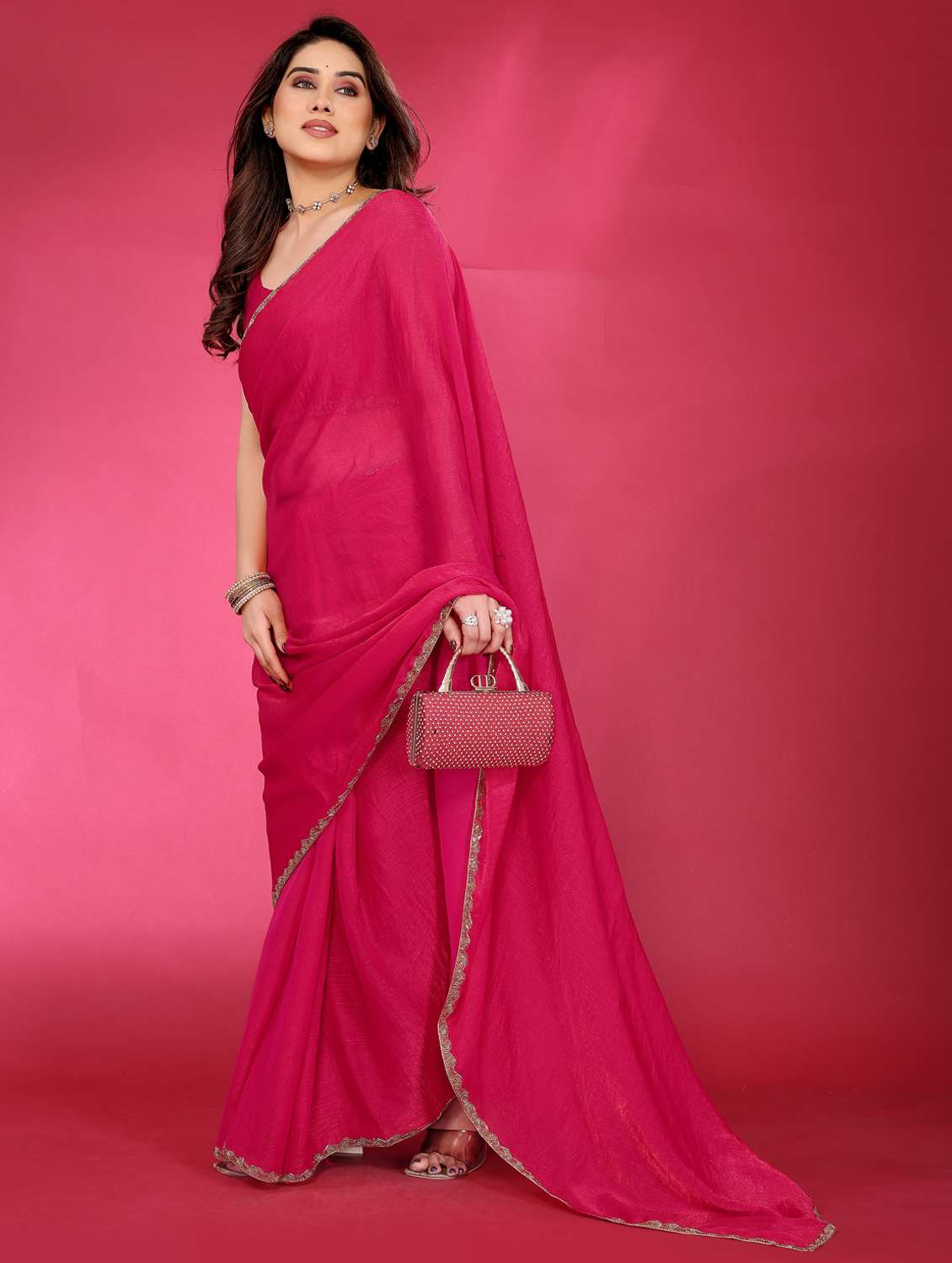 women solid with bordered embellished saree with blouse - 22032252 -  Standard Image - 1