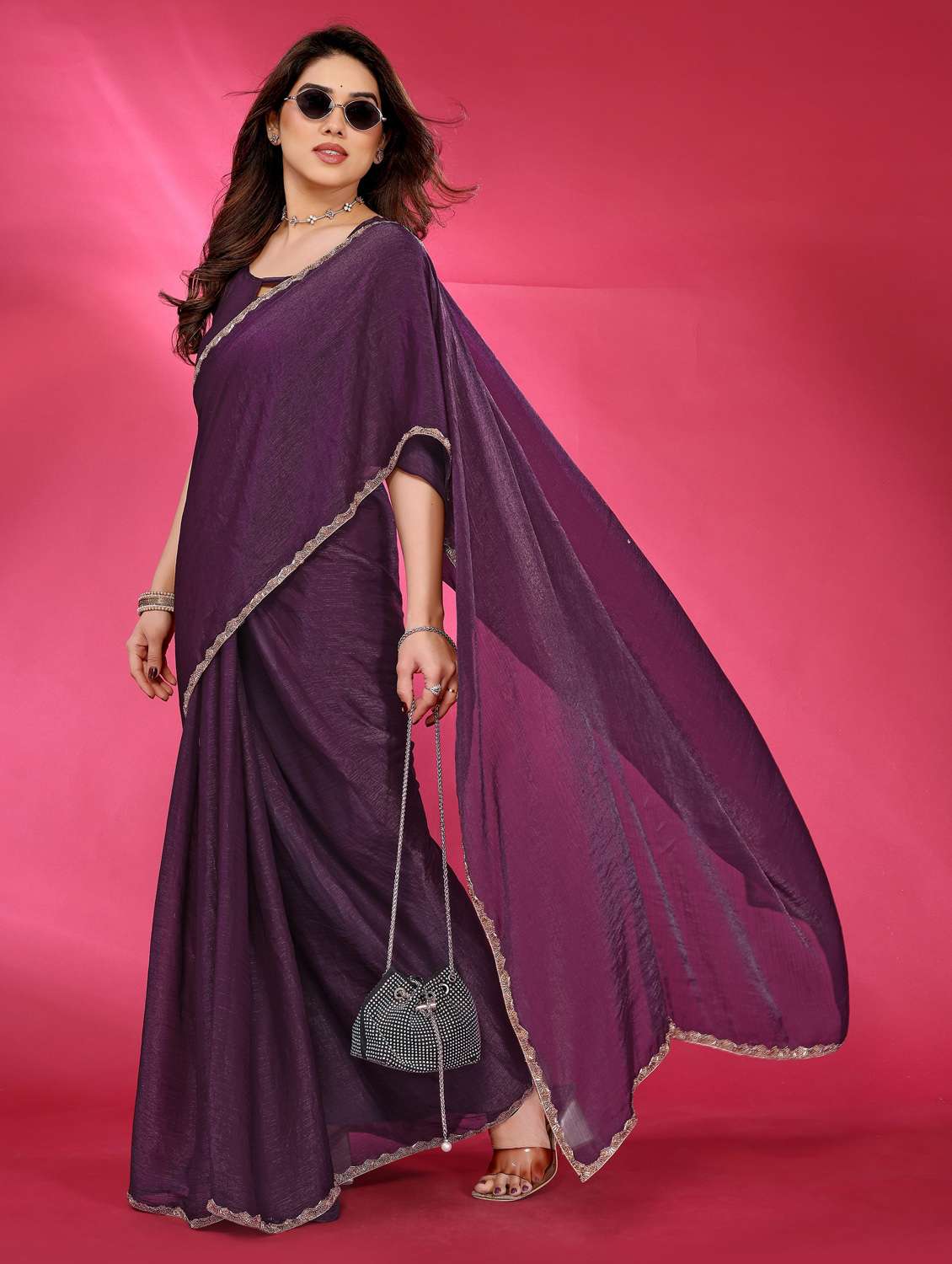 women solid with bordered embellished saree with blouse - 22032254 -  Standard Image - 1