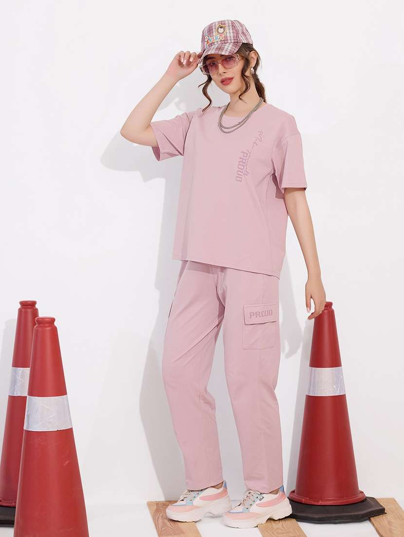 women solid relaxed fit t-shirt and trouser co-ord set - 22033332 -  Standard Image - 1