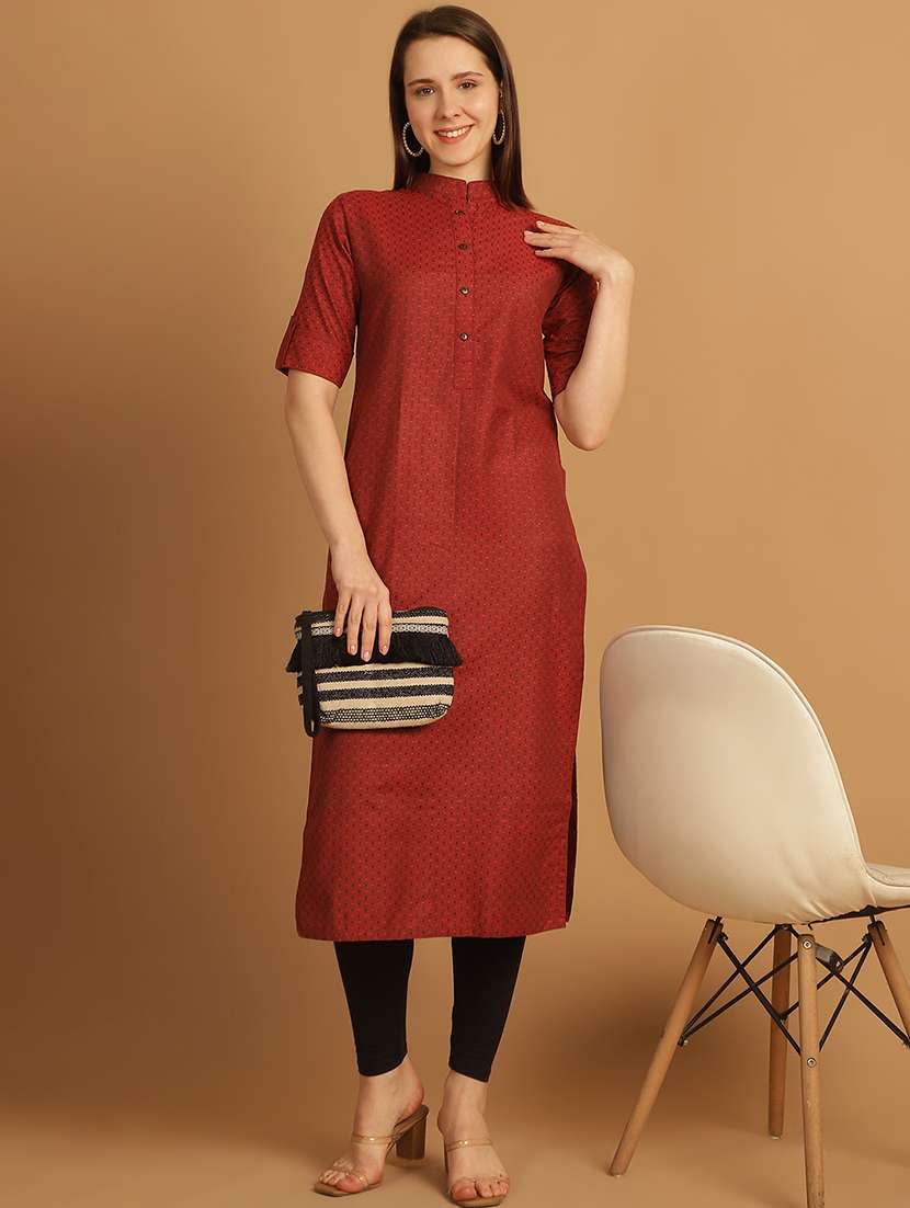 women self design roll up sleeve straight kurta