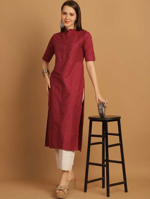 women self design roll up sleeve straight kurta - 22033479 -  Standard Image - 0
