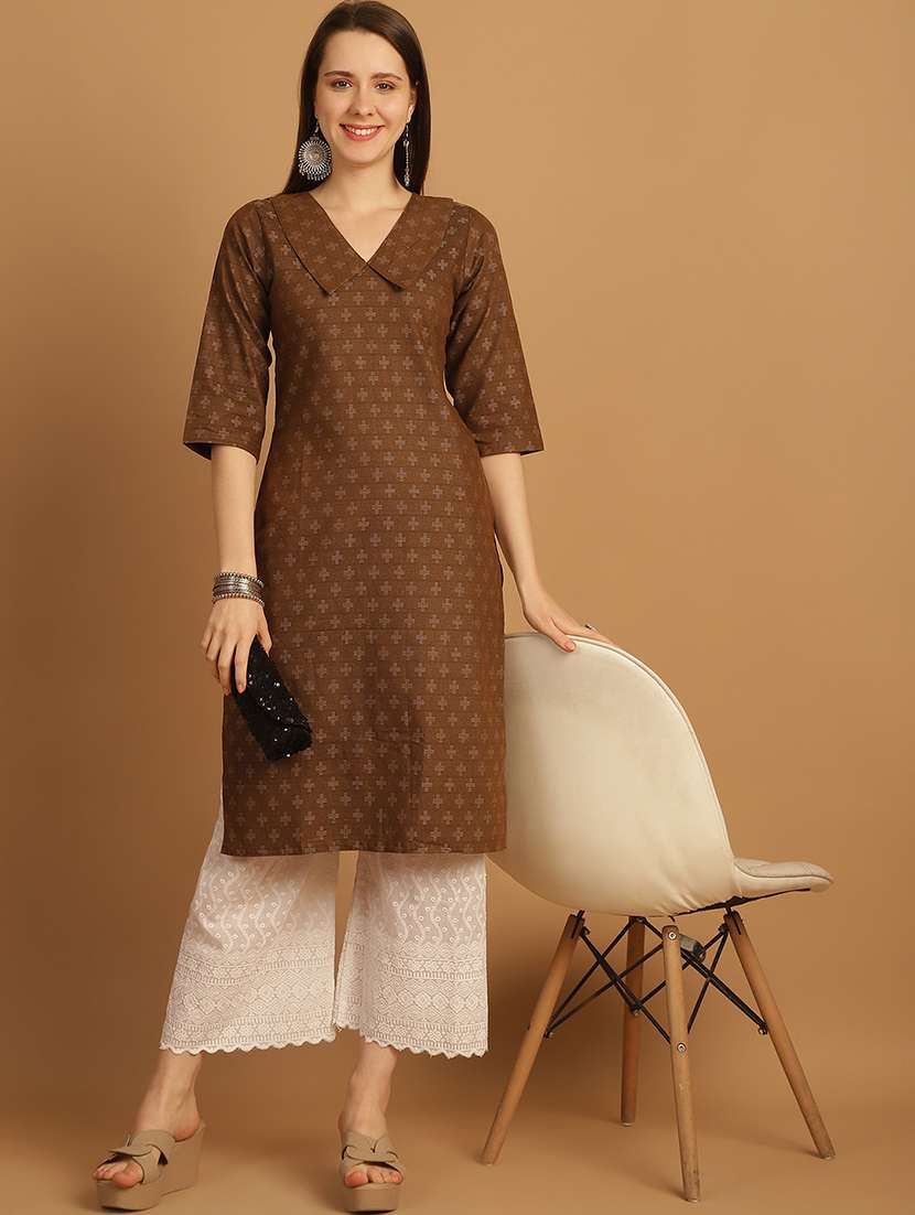women self design three quarter sleeve straight kurta