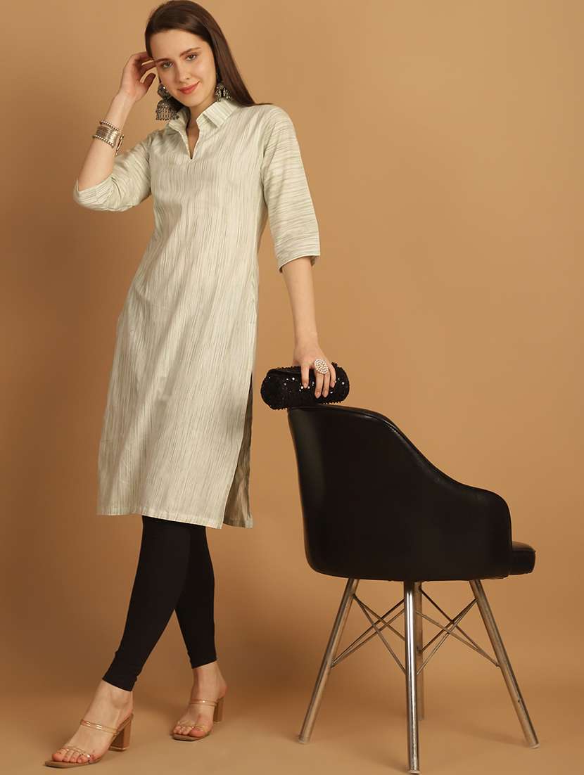 women self design three quarter sleeve straight kurta