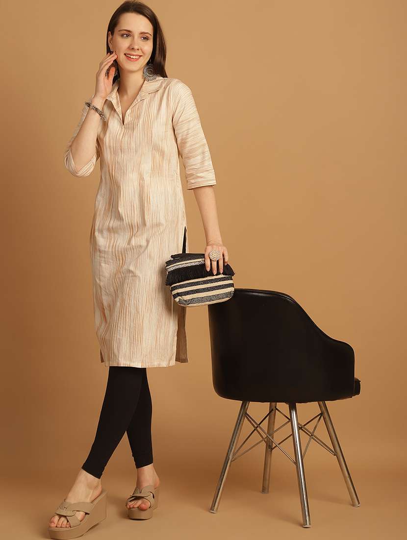 women self design three quarter sleeve straight kurta