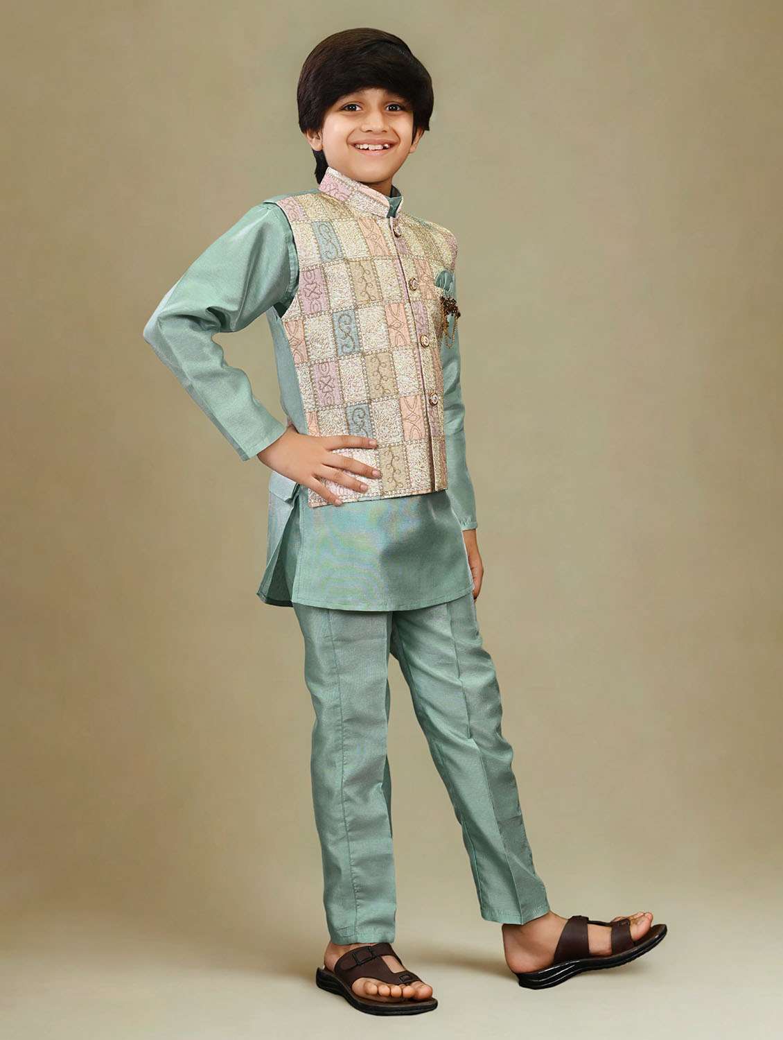 boys solid kurta and pyjama with embroidered nehru jacket  - 22033573 -  Standard Image - 1