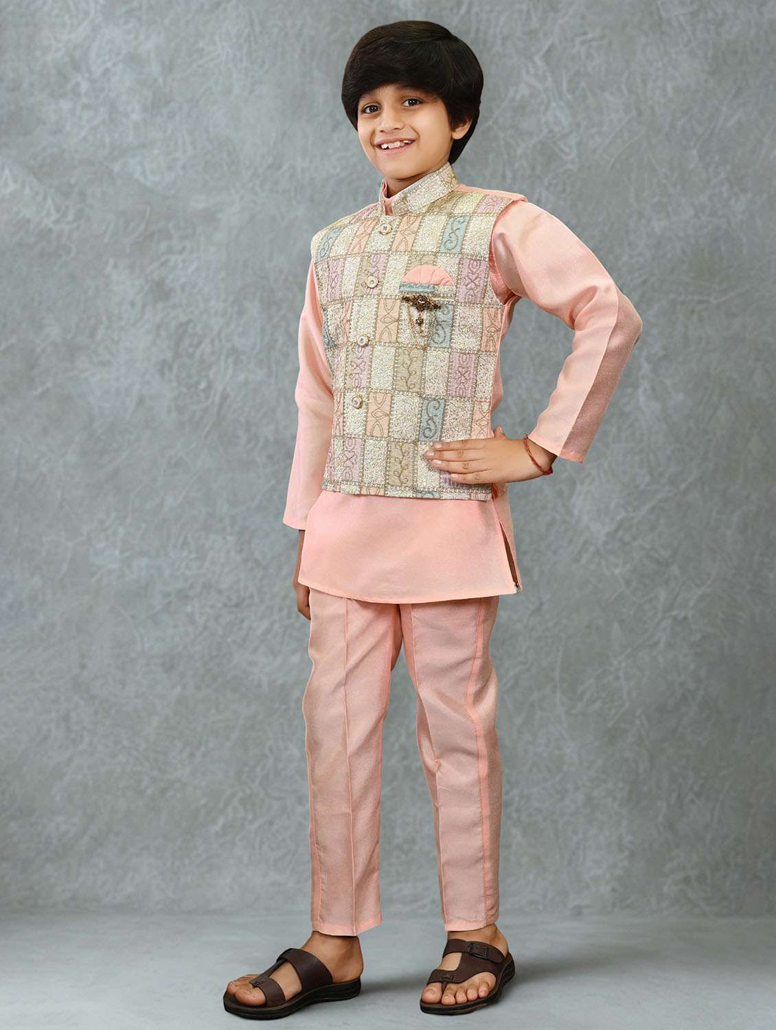 boys solid kurta and pyjama with embroidered nehru jacket  - 22033574 -  Standard Image - 1
