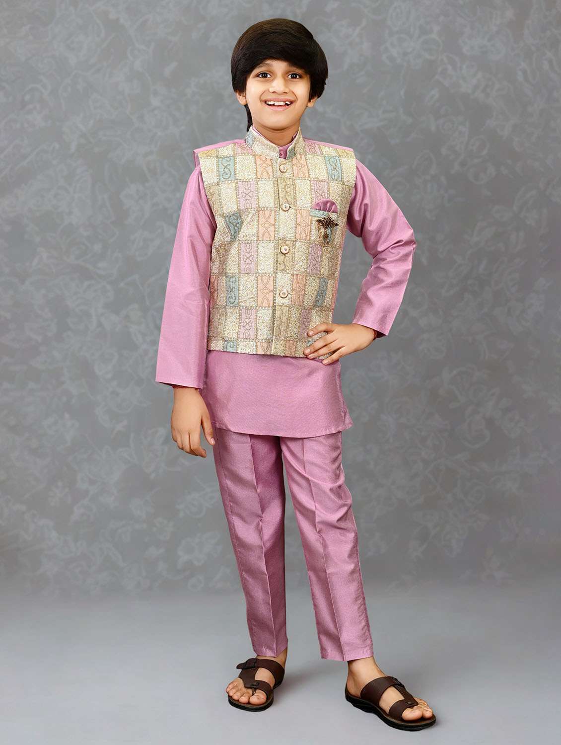 boys solid kurta and pyjama with embroidered nehru jacket 
