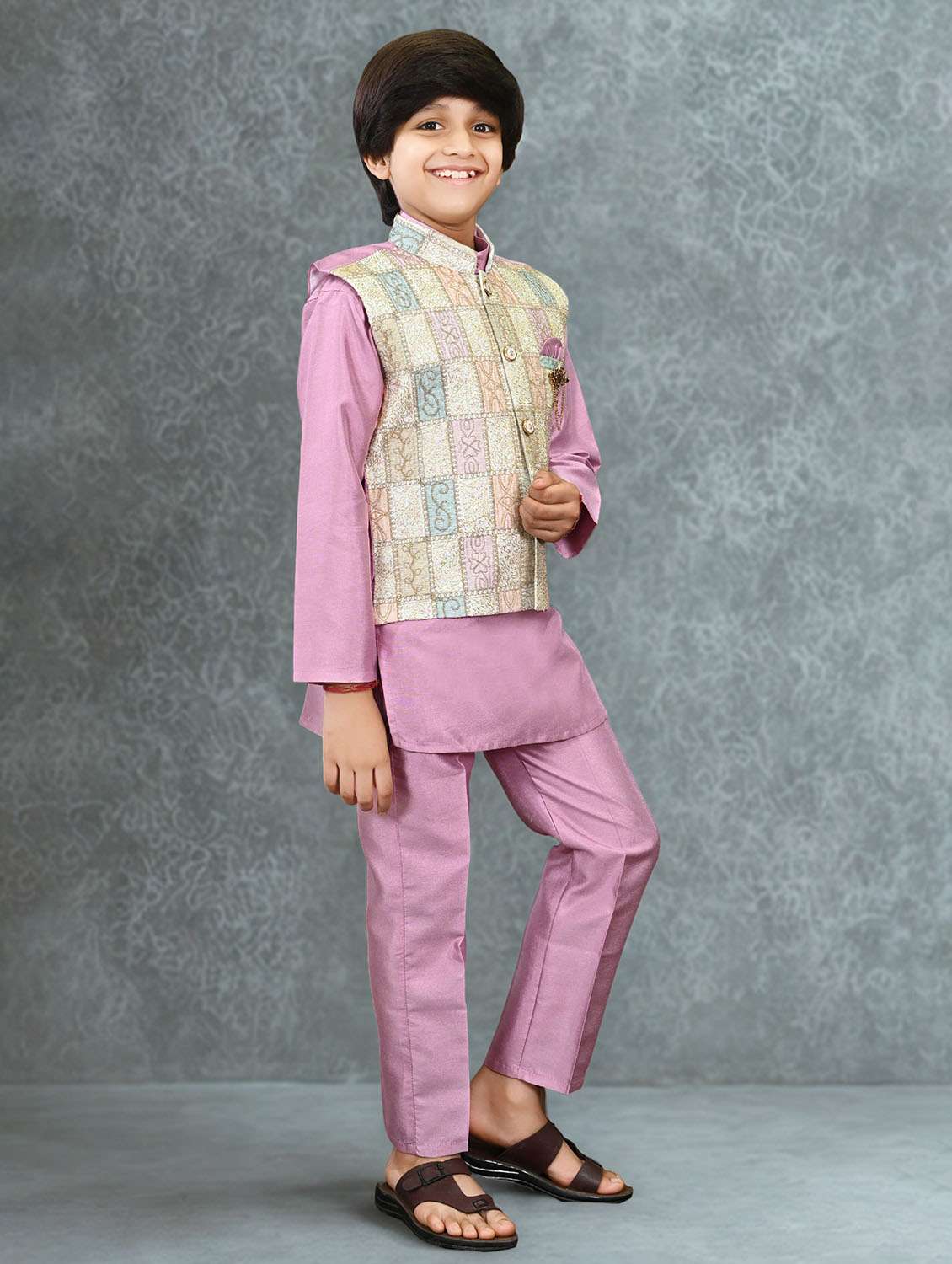 boys solid kurta and pyjama with embroidered nehru jacket  - 22033575 -  Standard Image - 1