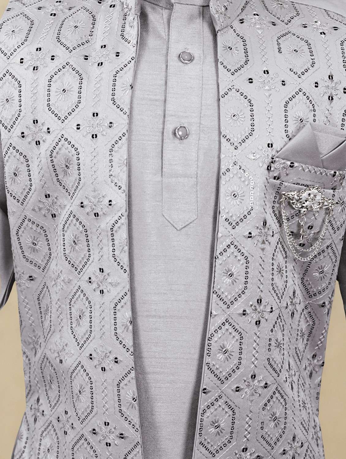 boys solid kurta and pyjama with embroidered nehru jacket  - 22033578 -  Standard Image - 6