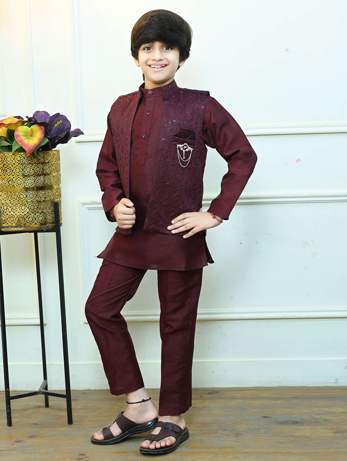 boys solid kurta and pyjama with embroidered nehru jacket  - 22033580 -  Standard Image - 1