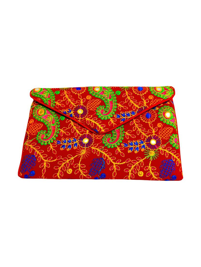 red embroidered velvet ethnic clutch with flap - 22033584 - Standard Image - 1