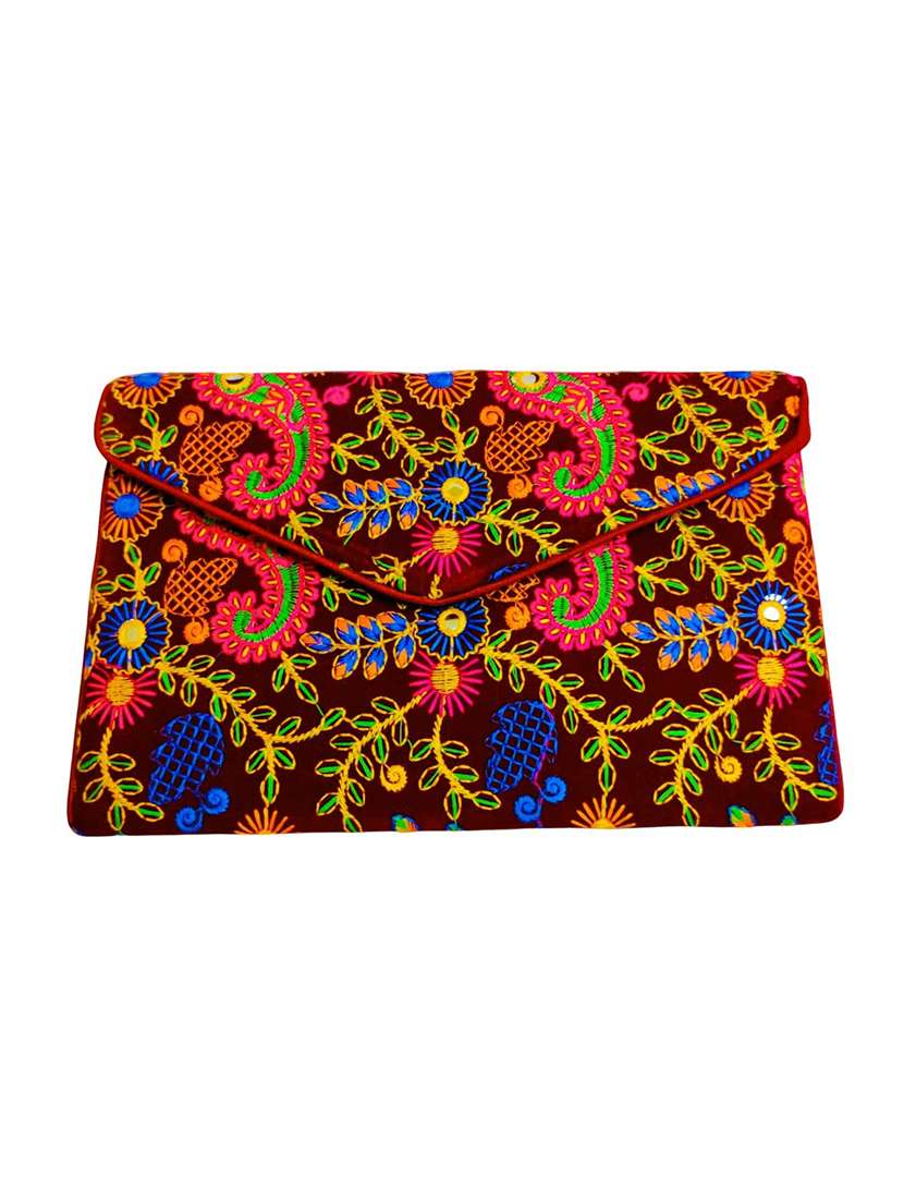 maroon embroidery velvet ethnic clutch with flap - 22033585 -  Standard Image - 1