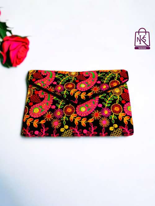 black velvet embroidery clutch with flap closure - 22033587 - Standard Image - 0