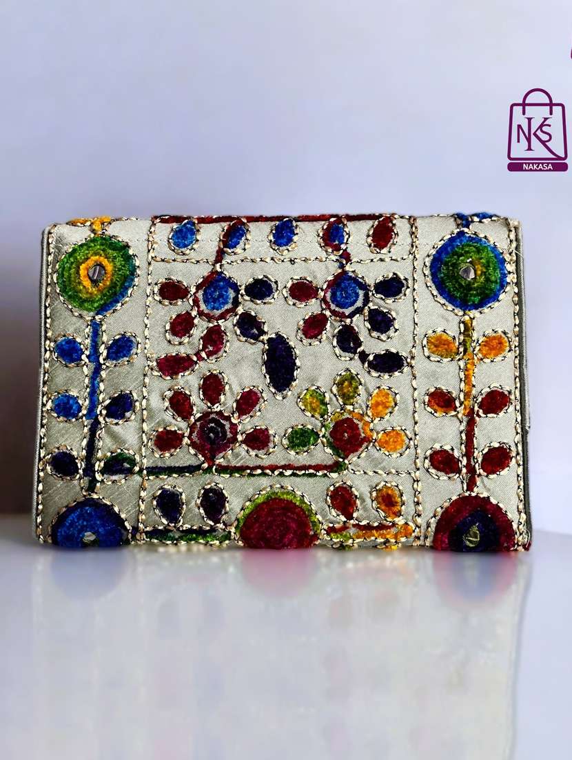 Women Velvet Embroidery Clutch With Flap Closure