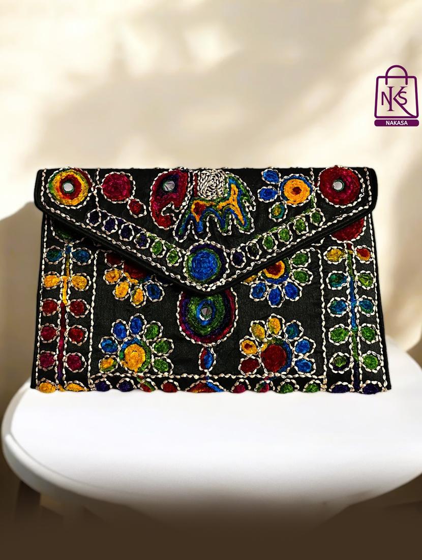 women velvet embroidery clutch with flap closure - 22033598 - Standard Image - 1