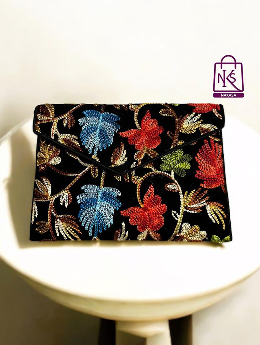 women velvet embroidery clutch with flap closure - 22033604 - Zoom Image - 0