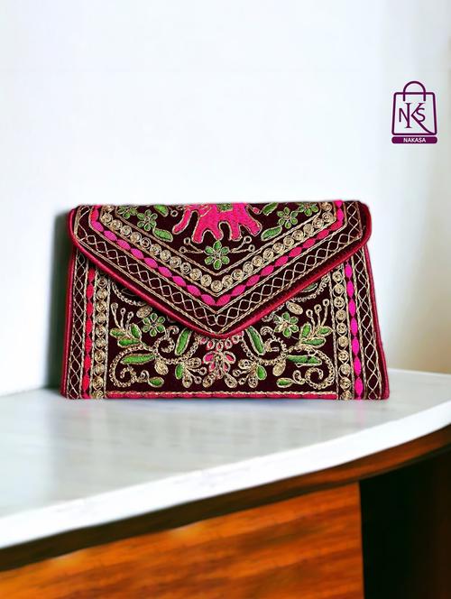 women velvet embroidery clutch with flap closure - 22033605 - Standard Image - 0
