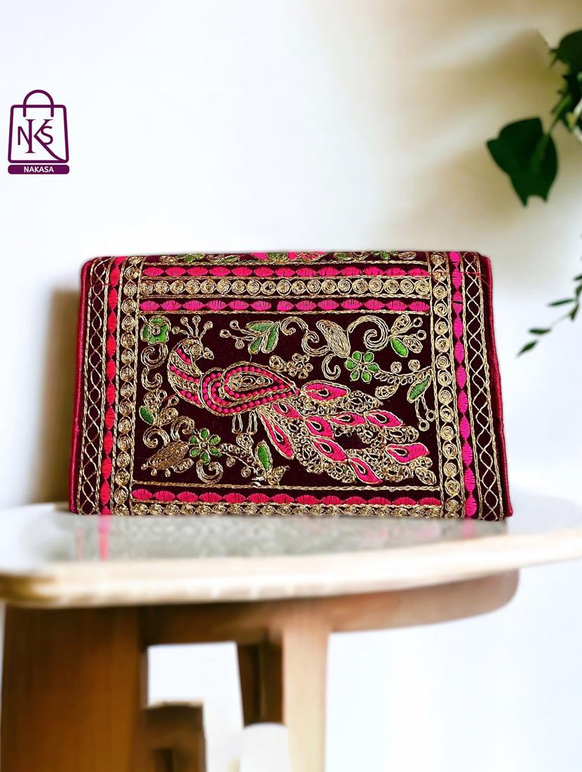 women velvet embroidery clutch with flap closure - 22033605 - Standard Image - 1