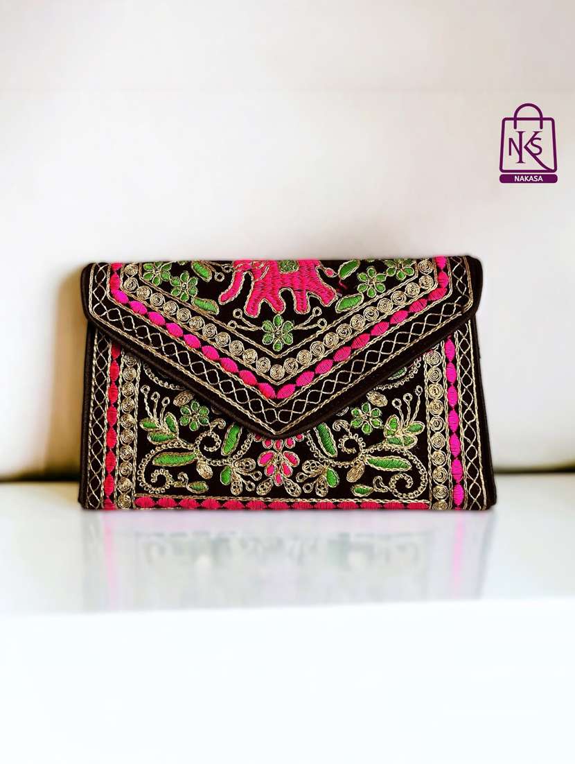 Women Velvet Embroidery Clutch With Flap Closure