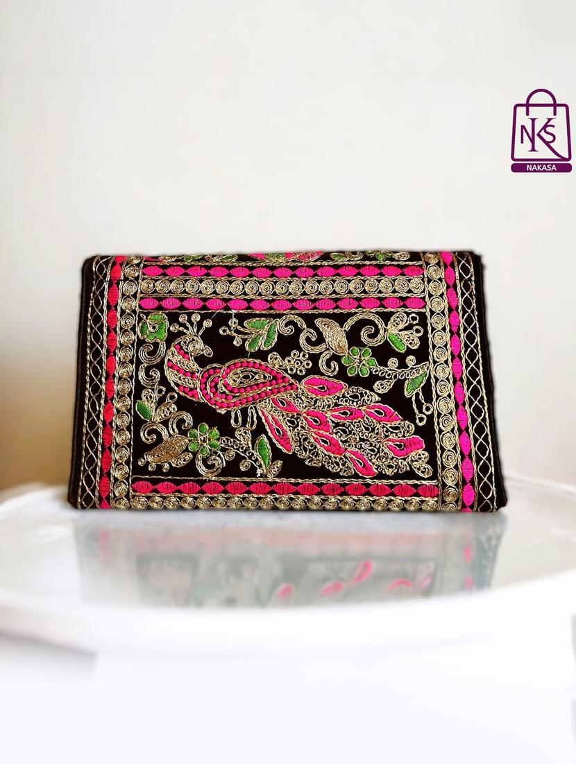 women velvet embroidery clutch with flap closure - 22033607 - Standard Image - 1