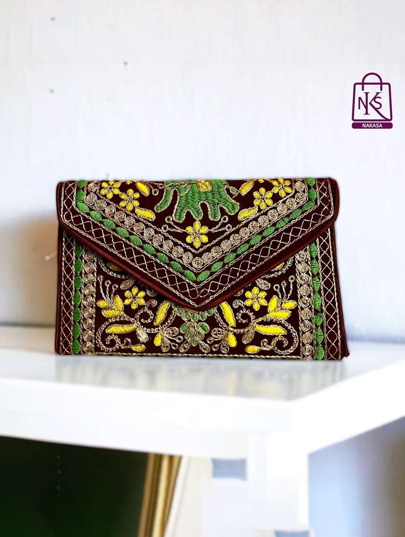 Women Velvet Embroidery Clutch With Flap Closure